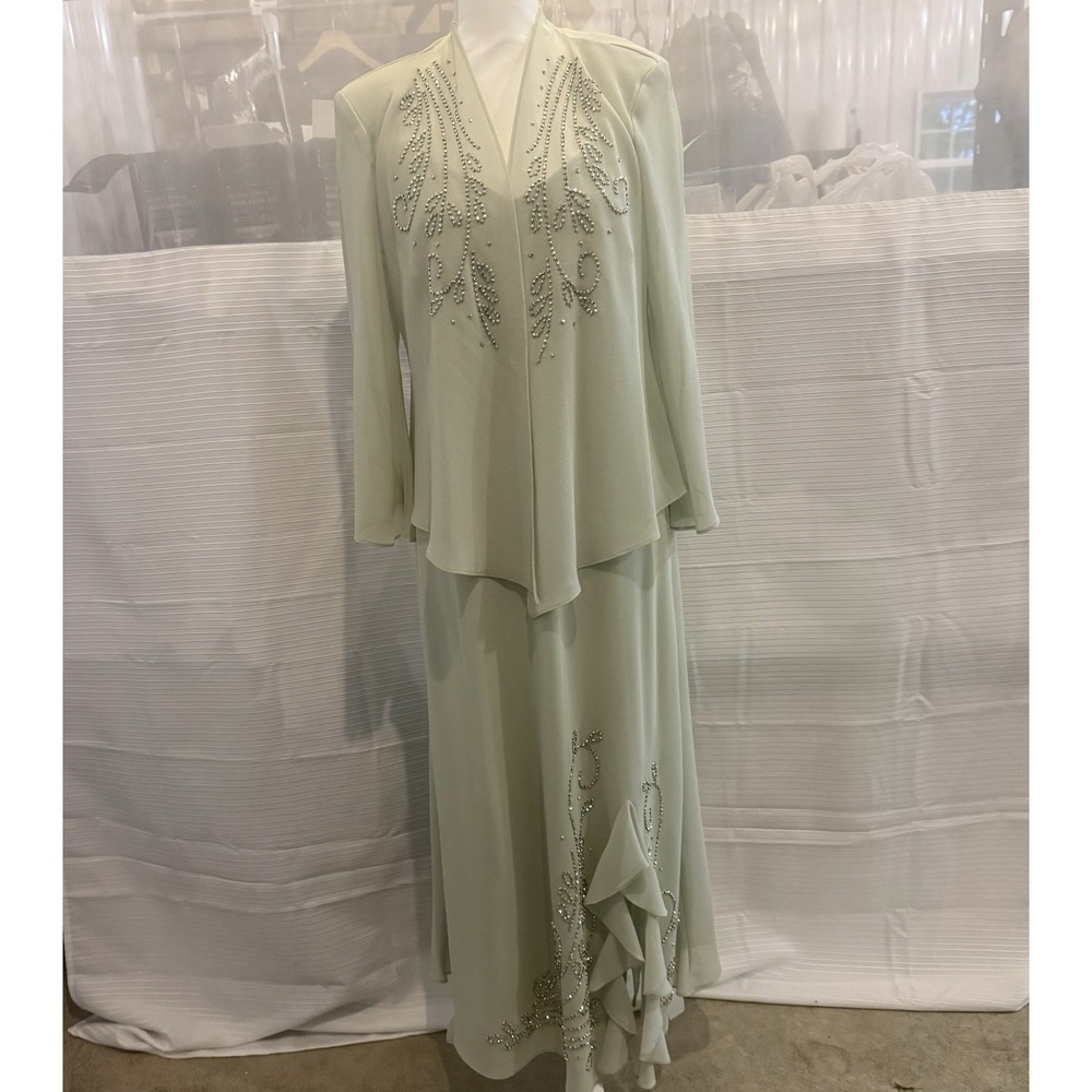 R&M Richards Sage Green Beaded Jacket Dress Set Formal Mother 16